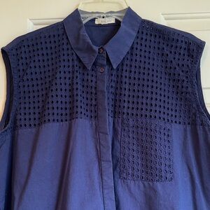 Navy Eyelet Sleeveless Button-Up Shirt